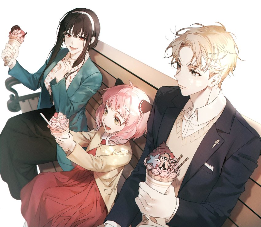 1boy, 2girls, adoptive_parent_and_adoptive_child, anya_(spy_x_family), bench, black_hair, black_jacket, black_skirt, blazer, blonde_hair, brown_jacket, brown_vest, child, commentary_request, dress, ea_ateu, father_and_child, father_and_daughter, floral_print, food, green_jacket, hairband, highres, holding, holding_food, husband_and_wife, ice_cream, jacket, korean_commentary, lapels, long_skirt, long_sleeves, mother_and_child, mother_and_daughter, multiple_girls, notched_lapels, parent_and_child, pink_hair, print_shirt, red_dress, shirt, short_hair, simple_background, sitting, skirt, spy_x_family, sweater_vest, twilight_(spy_x_family), vest, white_background, white_hairband, white_shirt, yor_briar