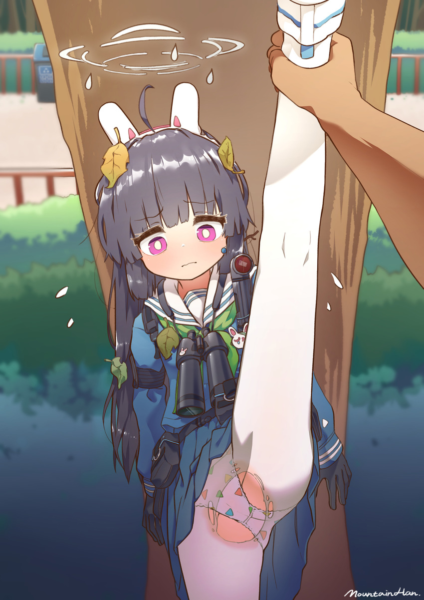 1boy, 1girl, against_tree, ahoge, animal_ears, ass, belt, binoculars