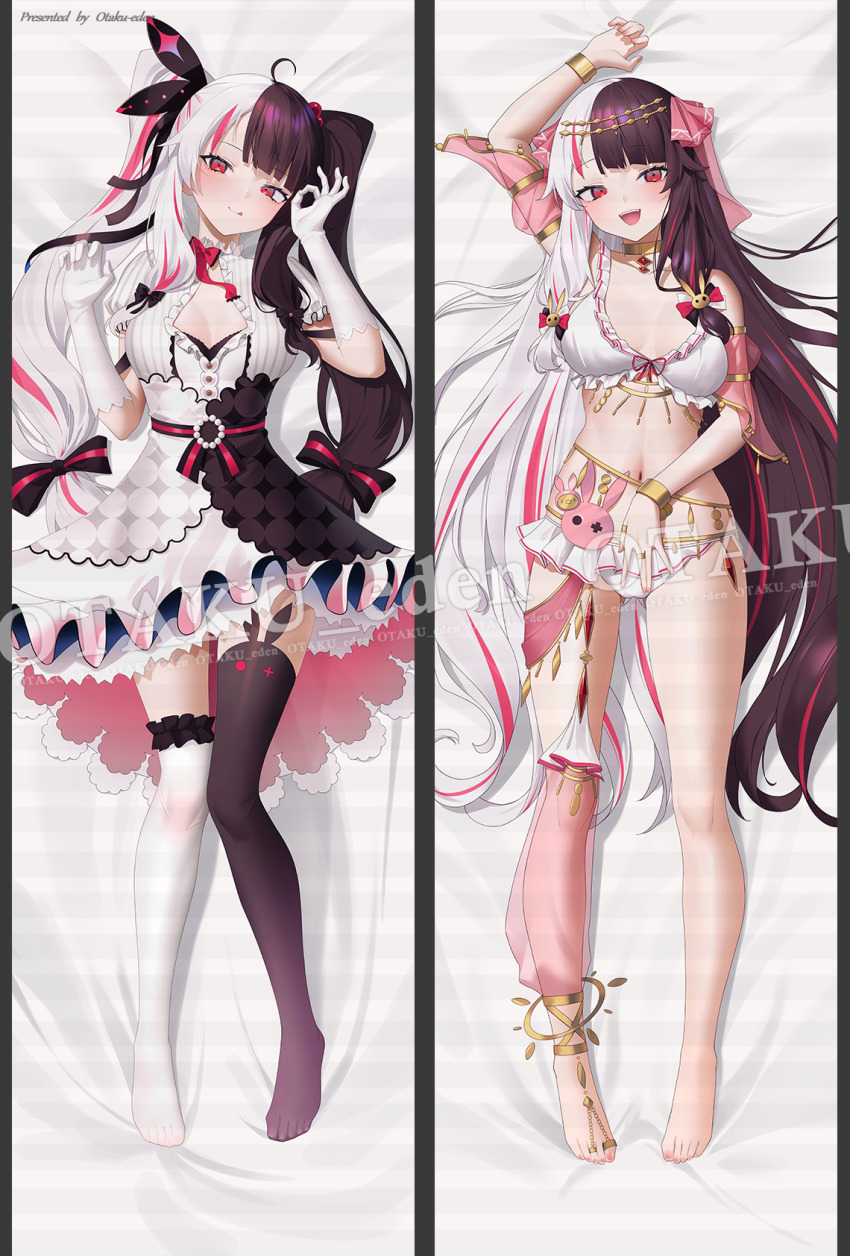 1girl, :d, :q, asymmetrical_legwear, aya_(lezon), bad_id, bad_pixiv_id, barefoot