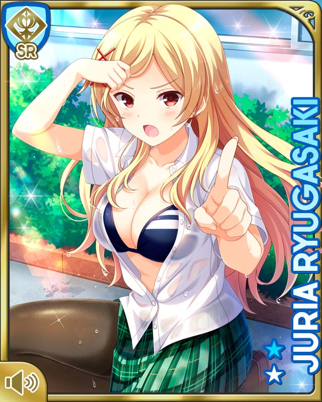 1girl, :o, barefoot, bikini, black_bikini, blonde_hair, card_(medium), character_name