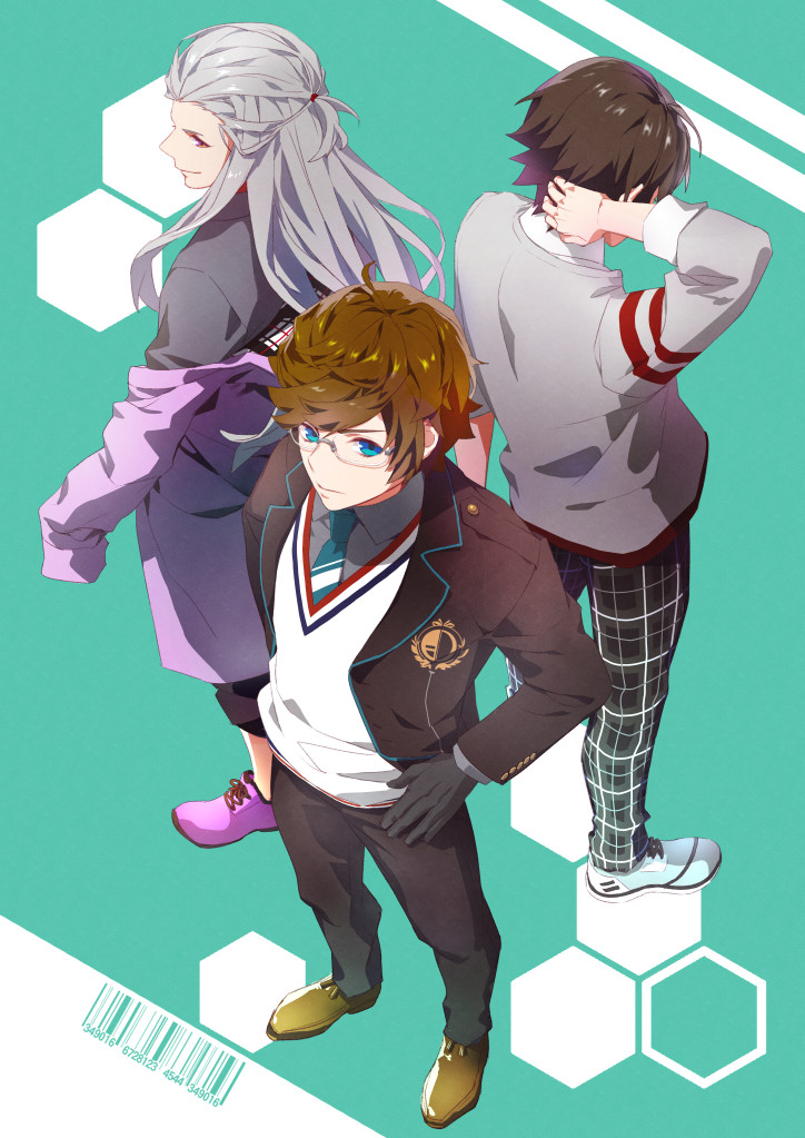 3boys, aqua_background, arm_behind_head, barcode, black_hair, blue_eyes, blue_necktie, brown_footwear