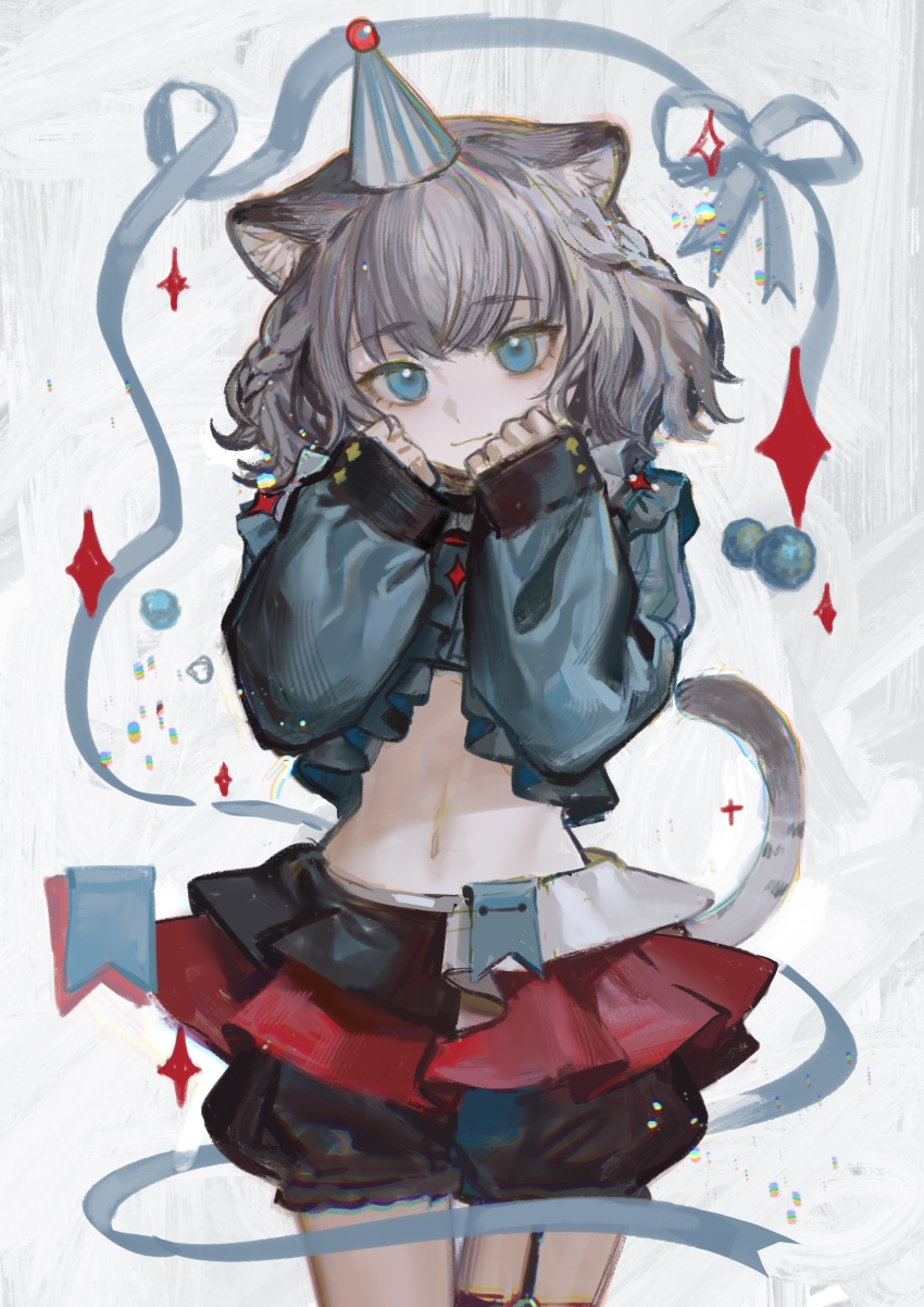 1girl, absurdres, animal_ears, black_shorts, blue_eyes, blue_hat, blue_ribbon, blue_shirt