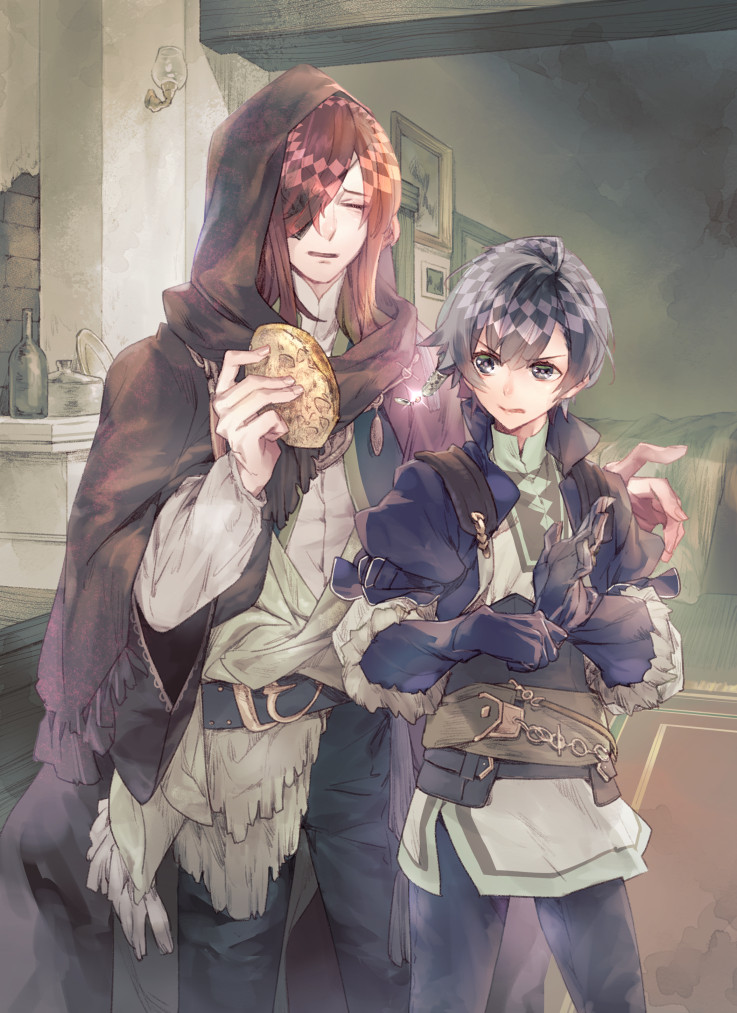 1boy, 1girl, adjusting_clothes, adjusting_gloves, belt, black_eyes, black_gloves, black_hair, bottle, bread, brown_cape, brown_hair, cape, closed_eyes, food, gloves, hair_over_one_eye, haitaka_no_psychedelica, hexagonics, hood, hooded_cape, indoors, jed_(haiaka_no_psychedelica), long_hair, pants, pouch, short_hair, standing, tou_no_nushi