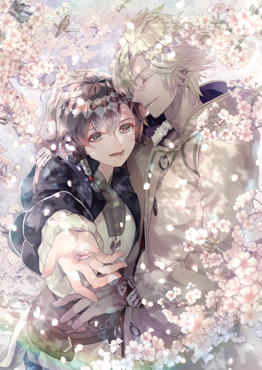 1boy, 1girl, arm_around_shoulder, braid, brown_eyes, brown_hair, cherry_blossoms, day, closed_eyes, foreshortening, haitaka_no_psychedelica, hetero, hexagonics, highres, hood, hood_down, jed_(haiaka_no_psychedelica), large_hands, long_hair, lugus_(haitaka_no_psychedelica), outdoors, pouch, standing, white_hair