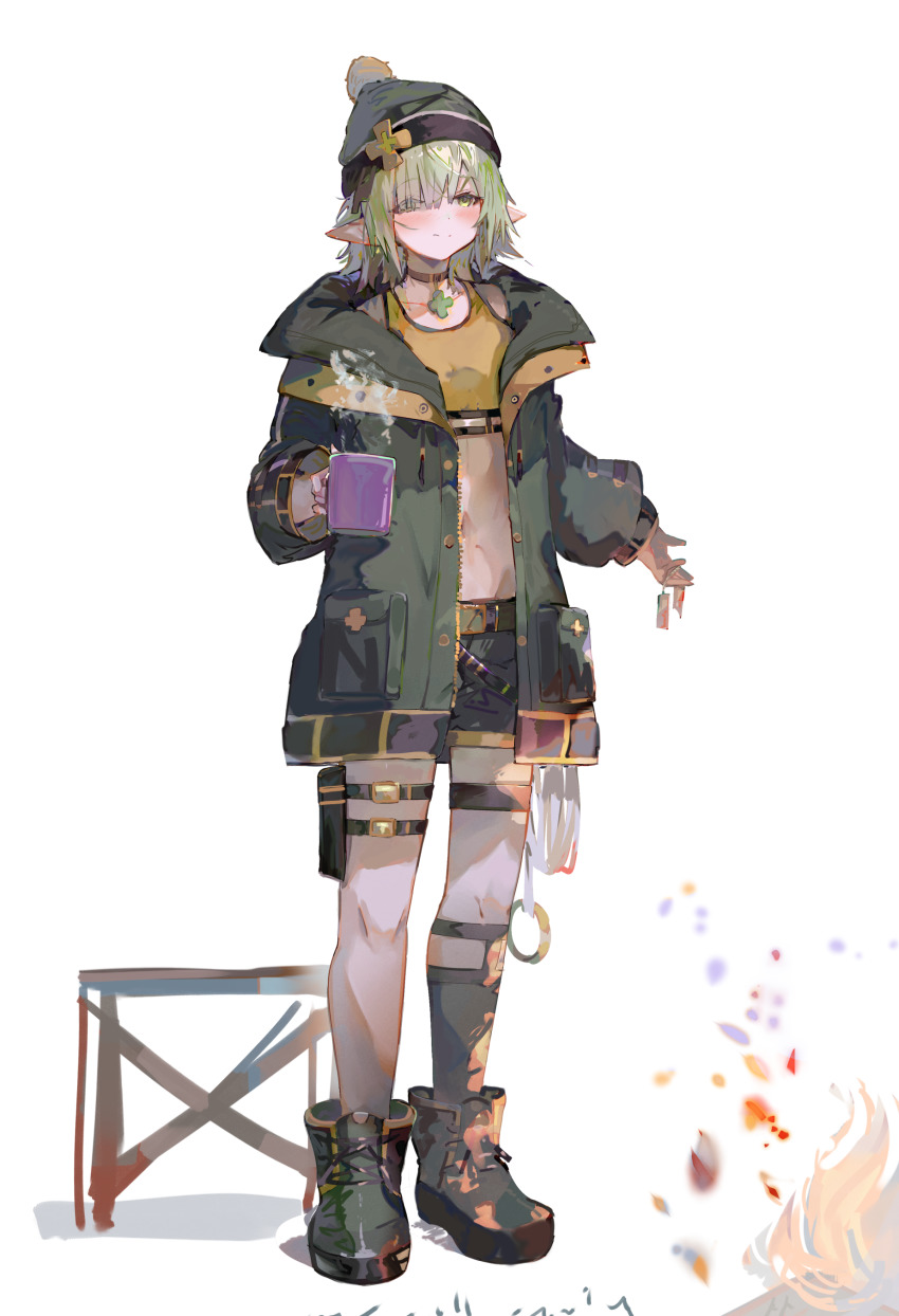 1girl, absurdres, aoi_(camp)_(princess_connect!), aoi_(princess_connect!), beanie, black_boots, black_choker, black_shorts