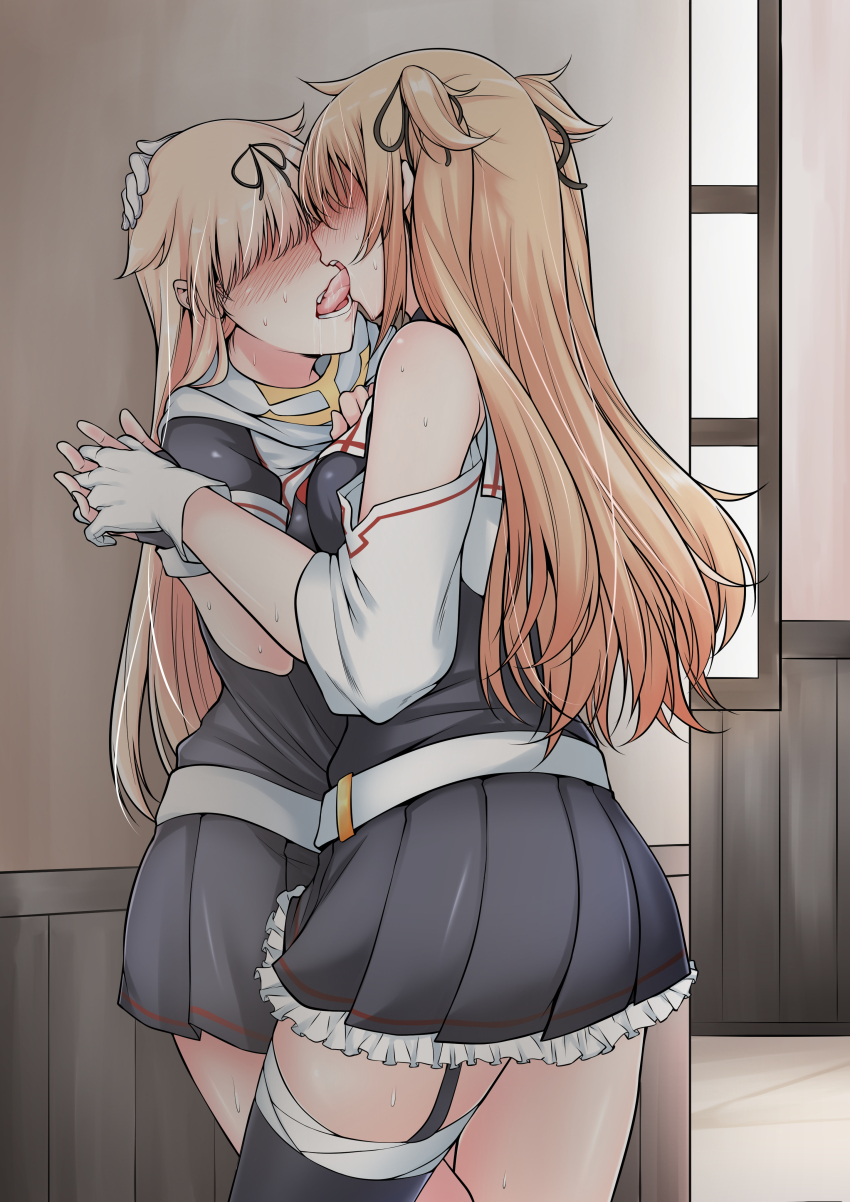 2girls, absurdres, asymmetrical_clothes, black_ribbon, black_serafuku, black_skirt, blonde_hair, breast_press