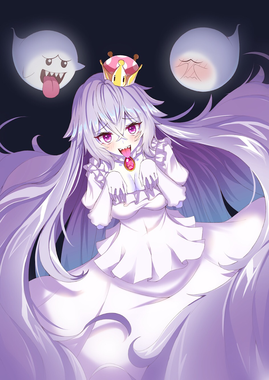 1girl, black_background, black_eyes, blue_hair, blush, boo_(mario), breasts, cleavage, closed_mouth, colored_skin, covering_own_eyes, creature, crown, dress, eyelashes, frills, gem, genderswap, genderswap_(mtf), ghost, ghost_pose, glowing, gradient_hair, hair_between_eyes, highres, light_purple_hair, long_eyelashes, long_hair, luigi's_mansion, mario_(series), multicolored_hair, new_super_mario_bros._u_deluxe, nintendo, open_mouth, princess_king_boo, purple_eyes, red_gem, sharp_teeth, shiny_skin, simple_background, solo, syu45, teeth, tongue, tongue_out, upper_teeth_only, very_long_hair, white_dress, white_skin