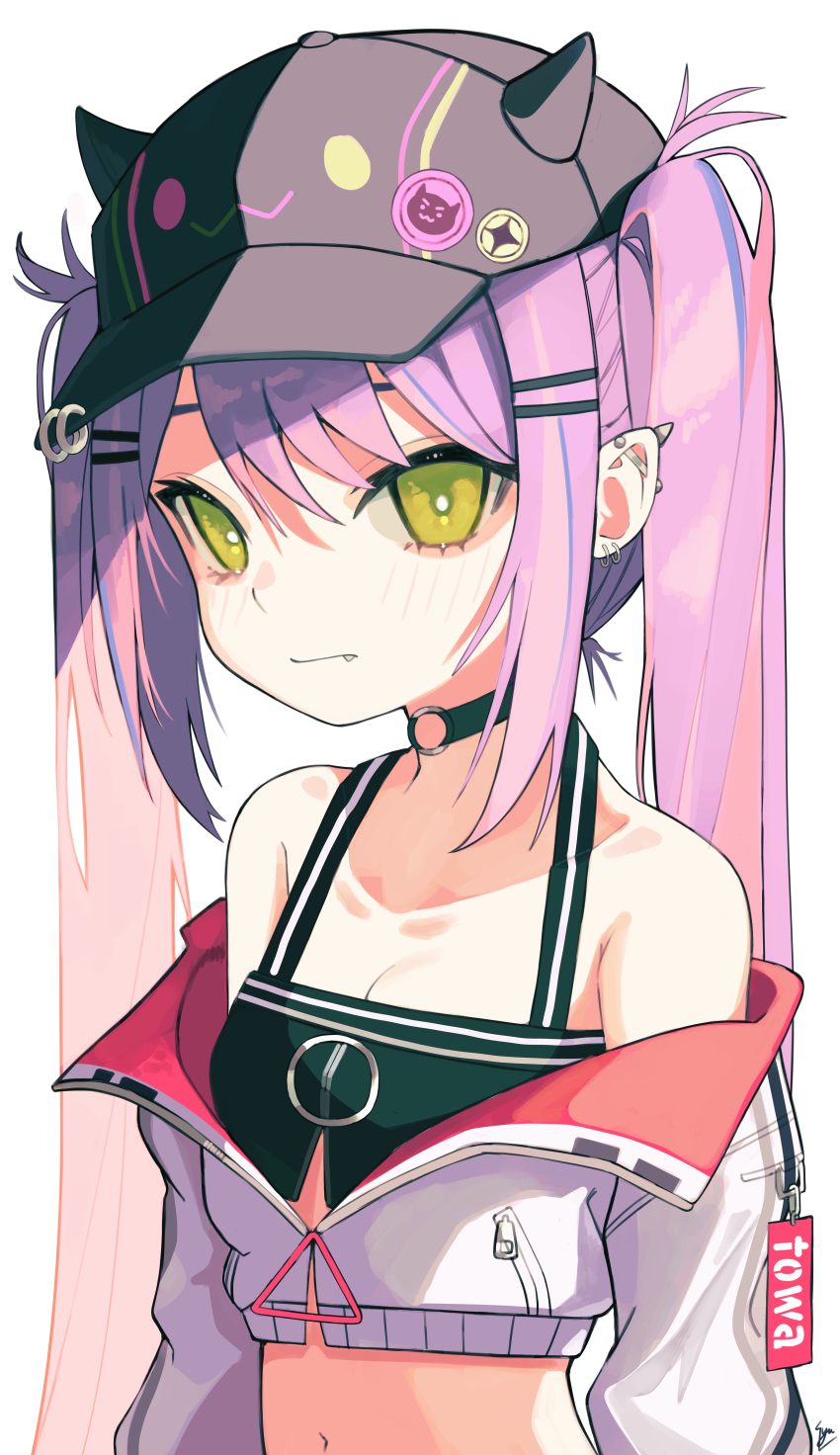 1girl, absurdres, barbell_piercing, baseball_cap, bibi_(tokoyami_towa), black_hat, breasts, cleavage