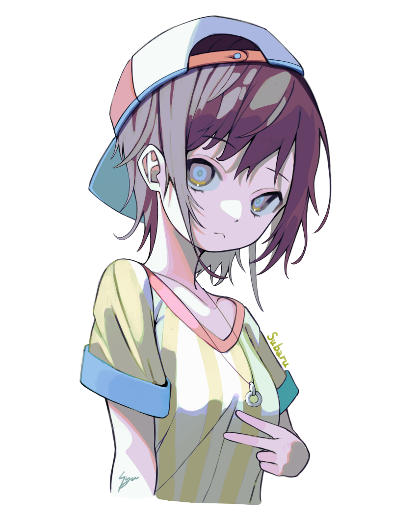 1girl, absurdres, backwards_hat, blue_eyes, brown_hair, closed_mouth, collarbone, grey_background