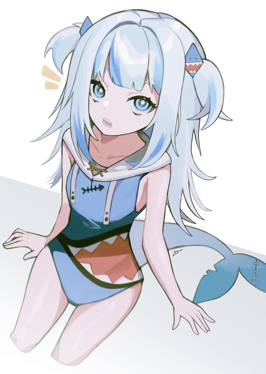 1girl, absurdres, blue_eyes, blue_hair, blue_one-piece_swimsuit, collarbone, fins, fish_tail