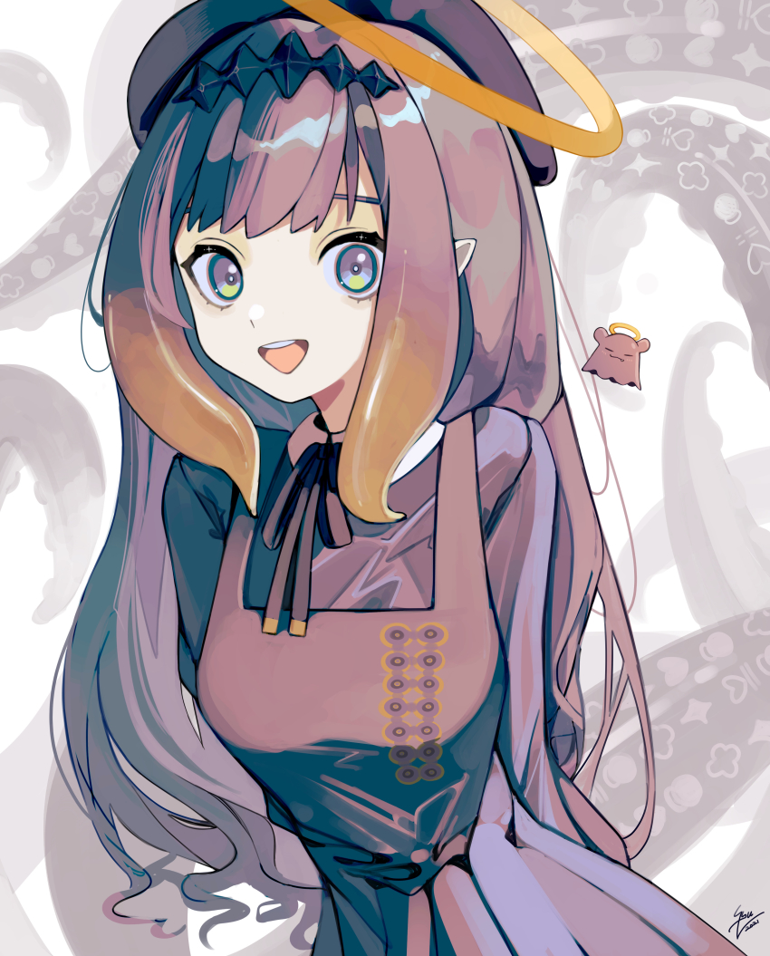 1girl, absurdres, arms_behind_back, black_ribbon, blue_eyes, creature, floating, gradient_hair