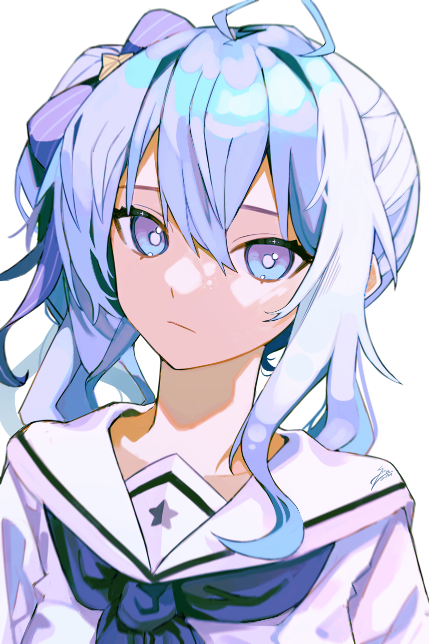 1girl, absurdres, ahoge, blue_eyes, blue_hair, bow, closed_mouth, gradient_hair, grey_pupils, hair_between_eyes, hair_bow, highres, hololive, hoshimachi_suisei, light_blue_hair, long_hair, multicolored_eyes, multicolored_hair, purple_bow, purple_eyes, purple_hair, school_uniform, serafuku, side_ponytail, signature, solo, star_(symbol), star_print, striped_bow, syu45, upper_body, virtual_youtuber, white_serafuku