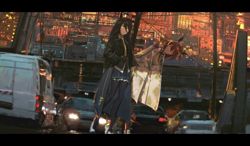 2girls, agnes_tachyon_(tach-nology)_(umamusume), agnes_tachyon_(umamusume), ahoge, alcxome, animal_ears, black_coat, black_gloves