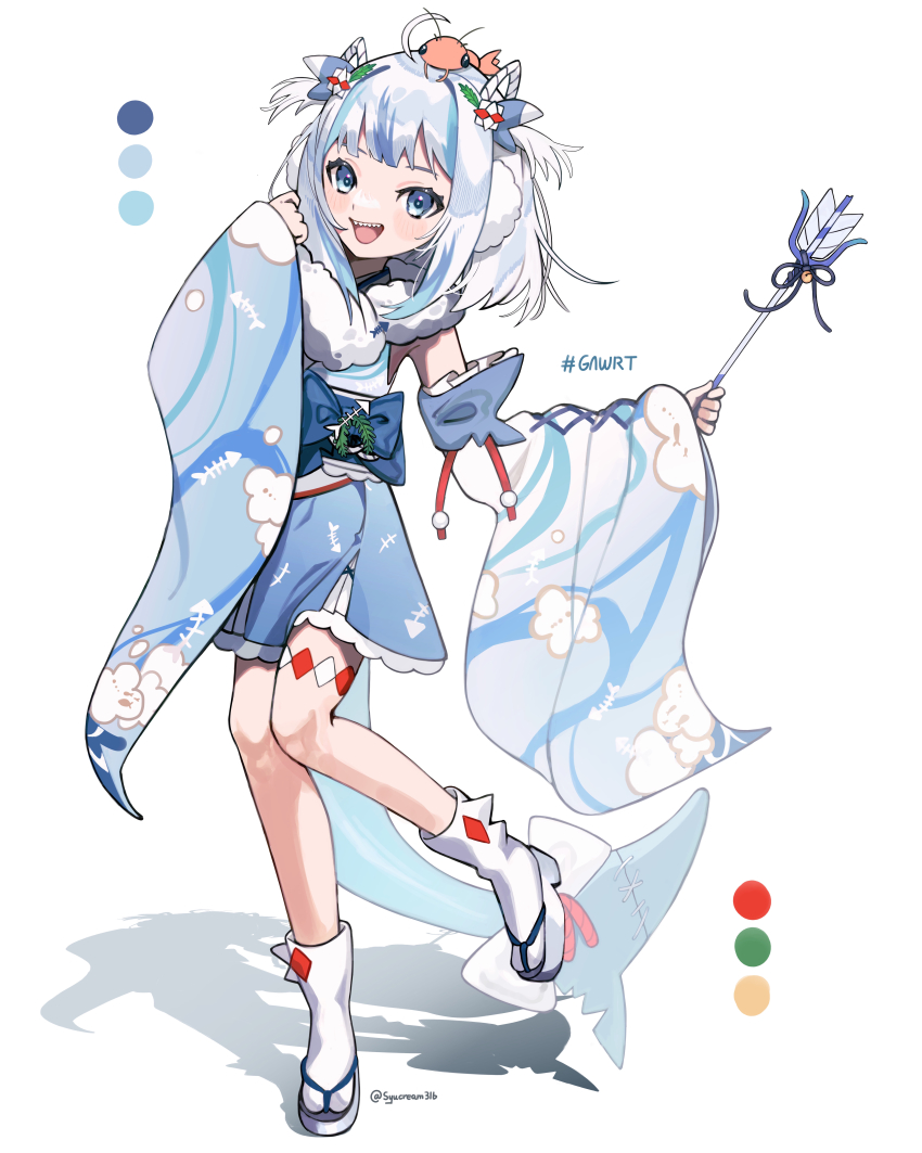 1girl, absurdres, ahoge, animal_print, bell, blue_eyes, blue_hair, bow