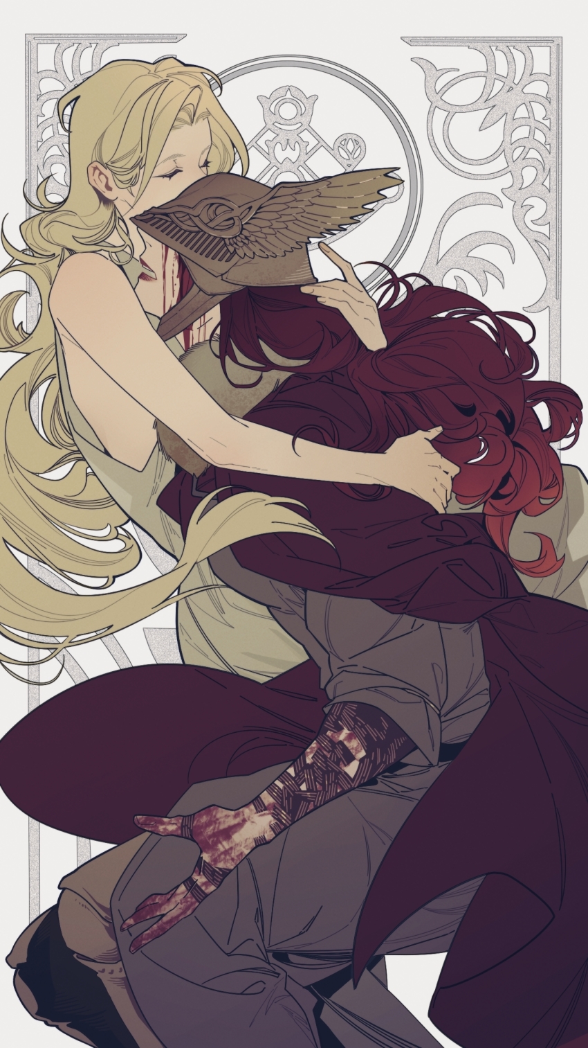 1boy, 1girl, absurdres, bare_shoulders, bleeding, blonde_hair, blood, blood_on_face, blood_on_hands, brother_and_sister, brown_dress, cape, chinese_commentary, commentary_request, covered_eyes, covered_mouth, dress, elden_ring, closed_eyes, facing_another, feet_out_of_frame, from_side, fur-trimmed_cape, fur_trim, helmet, highres, hug, long_hair, malenia_blade_of_miquella, megasus, miquella_(elden_ring), open_mouth, red_cape, red_hair, red_lips, siblings, sleeveless, sleeveless_dress, white_background, winged_helmet