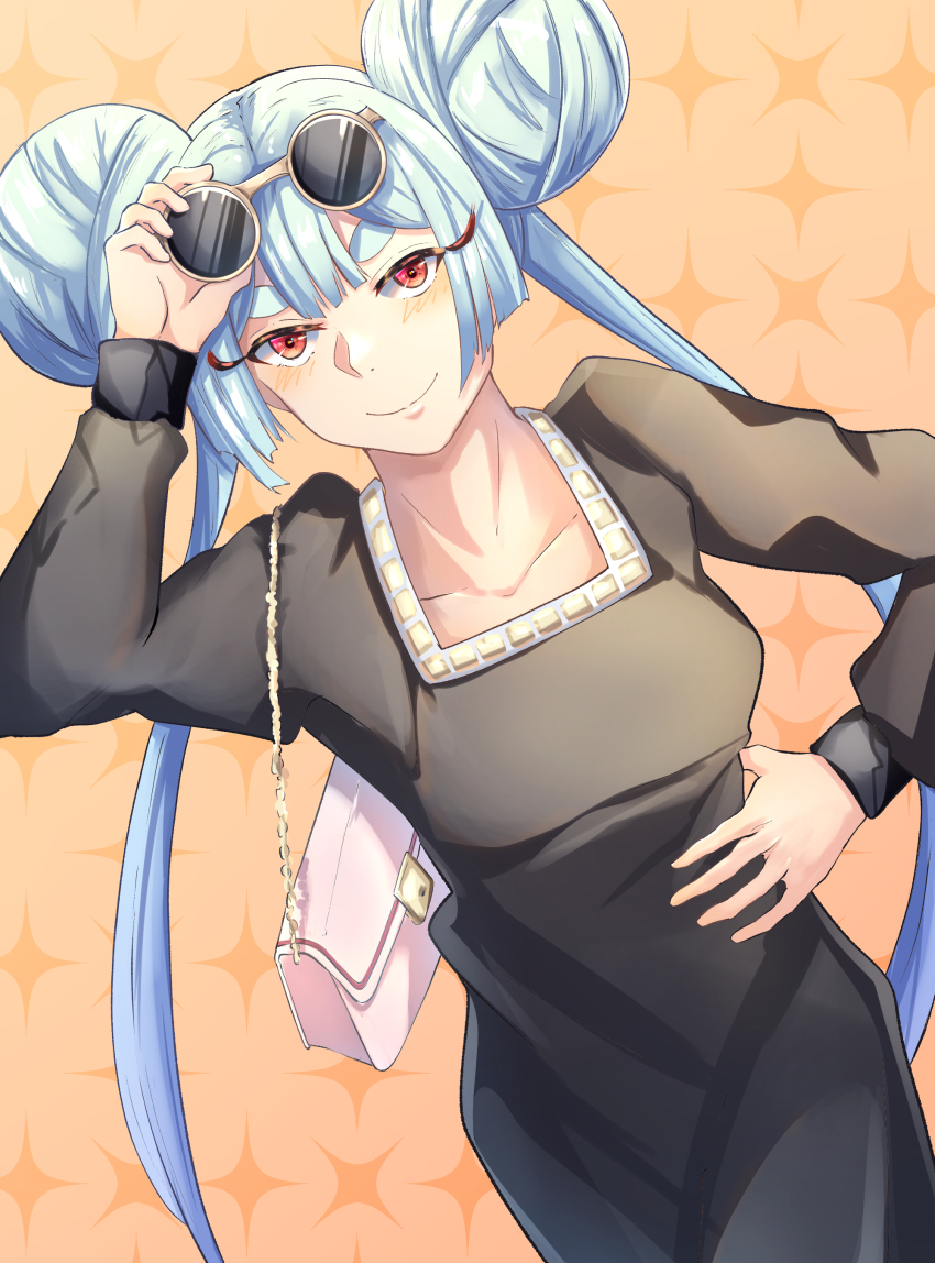 1girl, absurdres, annabell_(durch9sicht5), arm_up, ayashimon, bag, black_dress, blue_hair, dress, unworn_eyewear, hand_on_own_hip, handbag, highres, holding, holding_removed_eyewear, long_hair, long_sleeves, orange_background, red_eyes, simple_background, smile, solo, standing, sunglasses, twintails, urara_(ayashimon)