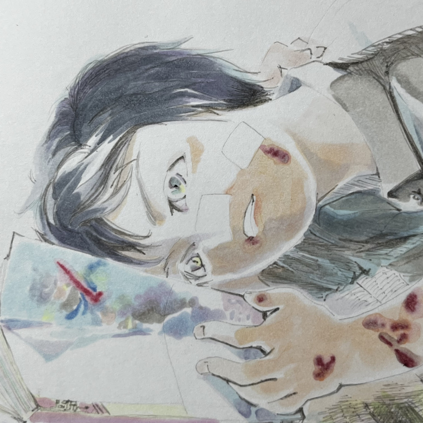 1boy, absurdres, ayashimon, black_hair, burn_scar, grey_eyes, highres, kaido_maruo, keshikasu_(pixiv_6653195), lying, male_focus, manga_(object), on_side, reading, scar, solo, aged_down