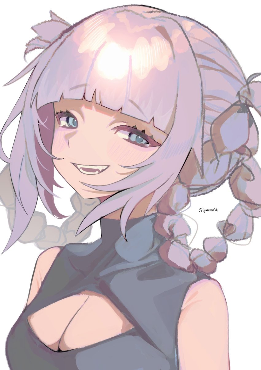 1girl, armpit_crease, bare_shoulders, blue_eyes, blunt_bangs, blush, braid, breasts, cleavage, diamond_cutout, eyelashes, fangs, grey_background, half-closed_eyes, highres, light_purple_hair, long_hair, nanakusa_nazuna_(yofukashi_no_uta), purple_hair, simple_background, smile, solo, syu45, twitter_username, upper_body, vampire, yofukashi_no_uta
