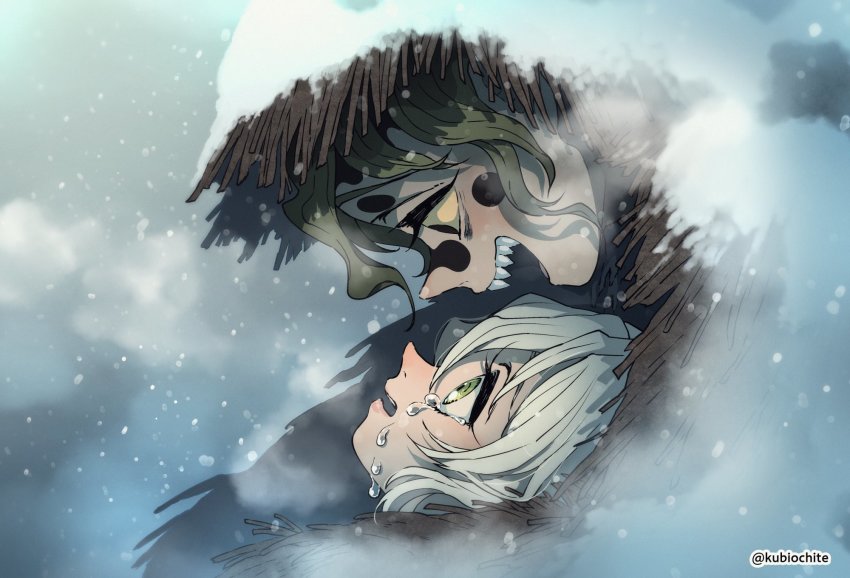 1boy, 1girl, aged_up, breath, brother_and_sister, child, close-up, cold, colored_sclera, crying, crying_with_eyes_open, daki_(kimetsu_no_yaiba), dalc_rose, eye_contact, eyelashes, facial_mark, from_side, green_eyes, green_hair, gyuutarou_(kimetsu_no_yaiba), highres, hood, hood_up, hug, hug_from_behind, kimetsu_no_yaiba, looking_at_another, looking_away, looking_down, looking_up, open_mouth, profile, sharp_teeth, siblings, smile, snow, snowing, straw_cape, tears, teeth, twitter_username, white_hair, winter, yellow_sclera