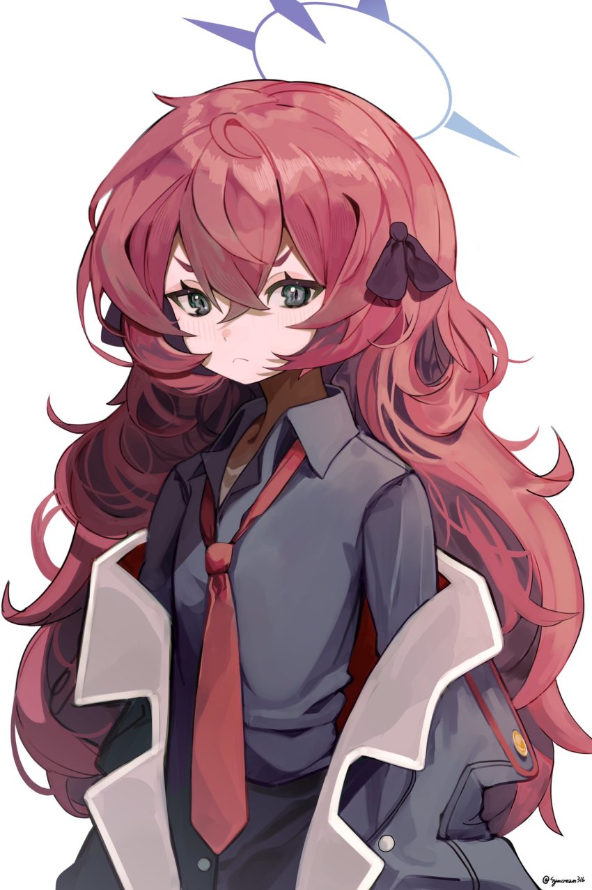 1girl, blue_archive, blush, closed_mouth, coat, grey_background, grey_coat, grey_eyes