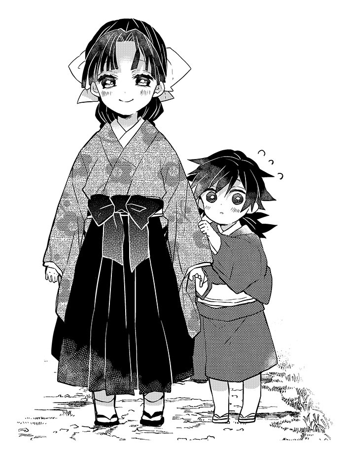 1boy, 1girl, aged_down, arms_at_sides, bow, braid, braided_ponytail, brother_and_sister, child, clinging, floral_print, flying_sweatdrops, full_body, greyscale, hair_ribbon, hakama, happy, height_difference, hiding, hiding_behind_another, japanese_clothes, kimetsu_no_yaiba, kimono, long_hair, long_sleeves, looking_at_viewer, monochrome, obi, parted_bangs, ponytail, ribbon, road, sandals, sash, shy, siblings, simple_background, single_braid, smile, socks, standing, tabi, tomioka_giyuu, tomioka_tsutako, tuduri, zouri