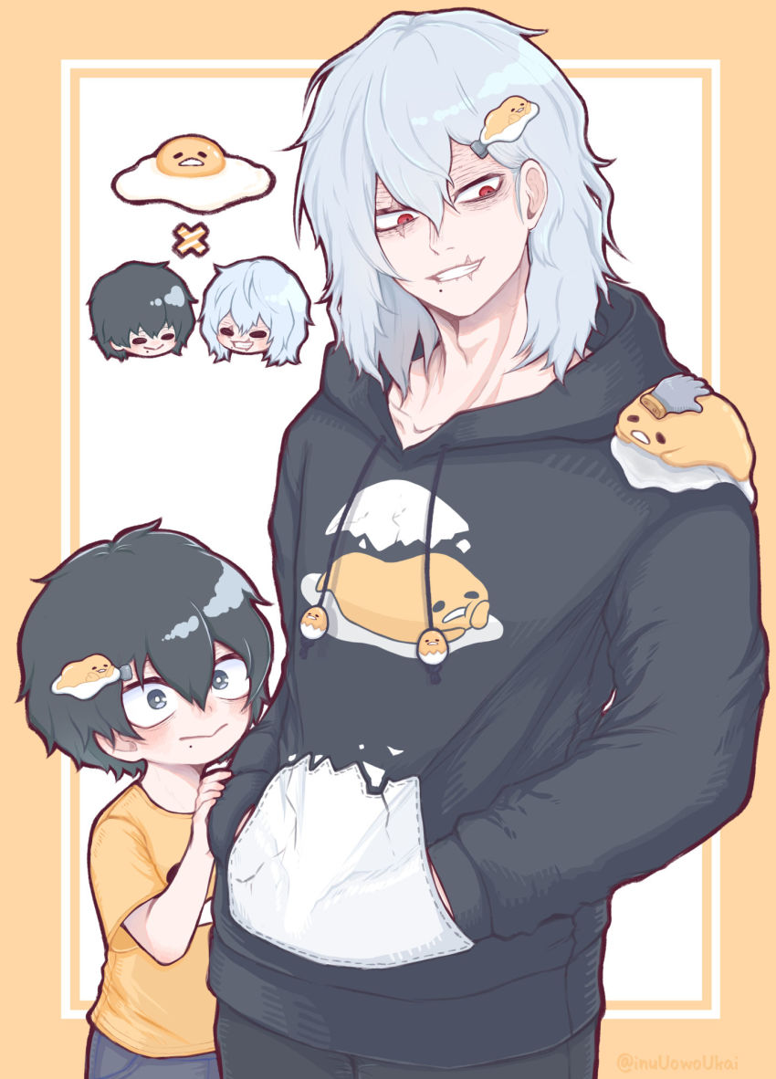 2boys, :>, age_progression, aged_down, black_hair, black_hoodie, black_pants, blush
