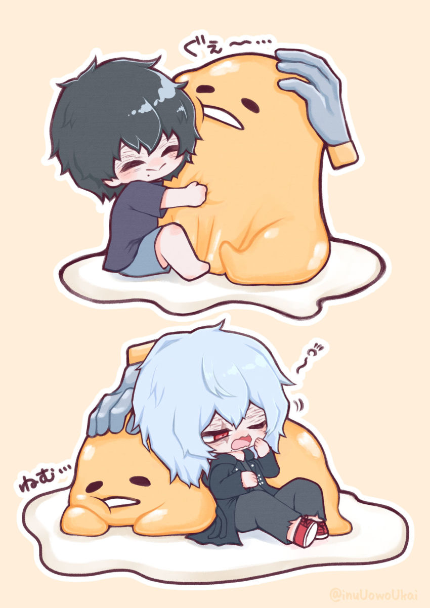 2boys, :>, age_progression, aged_down, barefoot, black_hair, black_jacket, black_pants