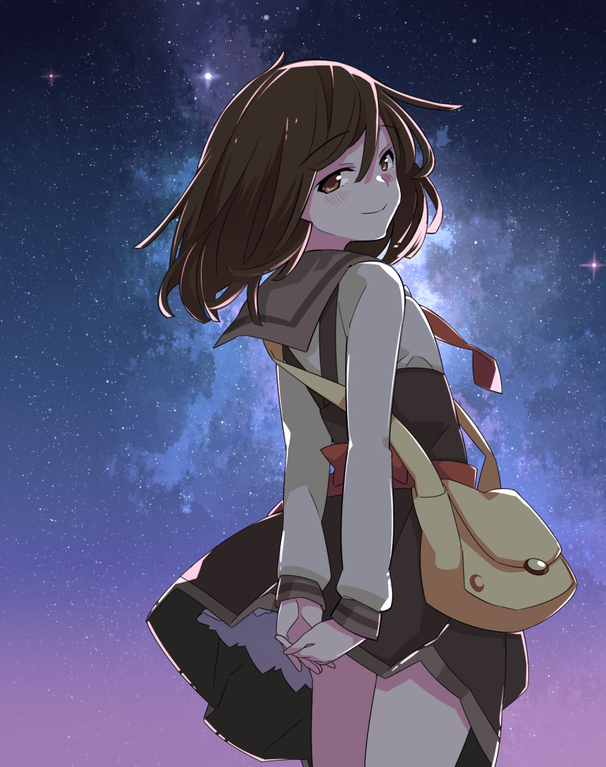 1girl, arms_behind_back, bakemonogatari, brown_eyes, brown_hair, dress, floating_clothes, floating_neckwear