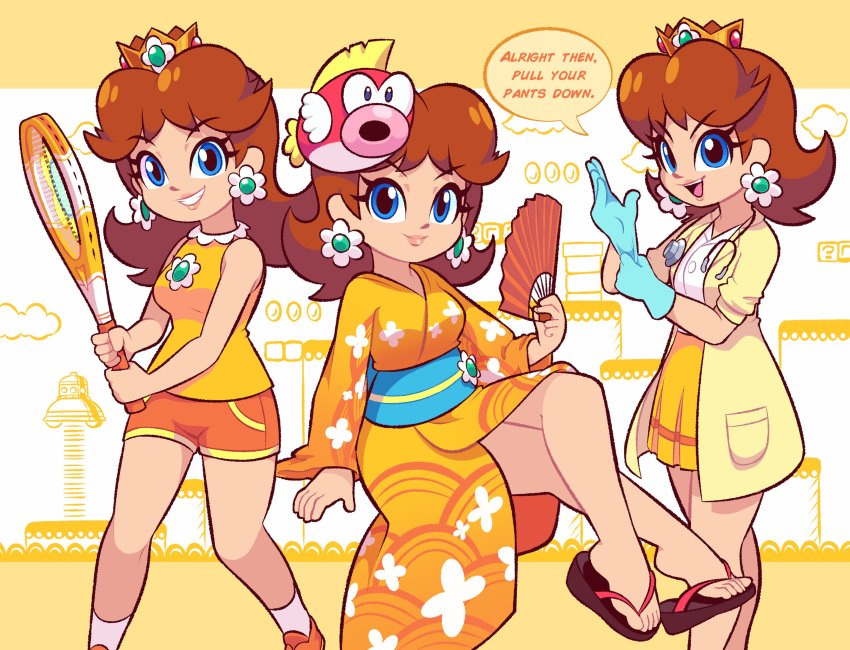 3girls, absurdres, blue_eyes, breasts, brown_hair, cheep_cheep, crown, dr._mario_(game)