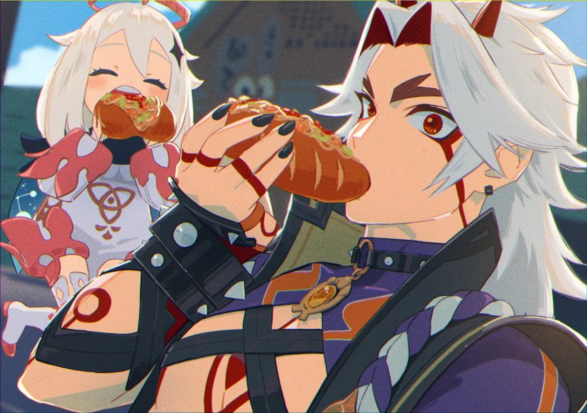 1boy, 1girl, ^_^, ^o^, arataki_itto, blush, body_markings, bracelet, bread, closed_eyes, coat, ear_piercing, eating, facial_mark, fairy, food, food_in_mouth, genshin_impact, halo, highres, horns, jewelry, kawabata_arata, long_sleeves, looking_at_viewer, oni_horns, open_clothes, open_coat, paimon_(genshin_impact), piercing, red_eyes, romper, spiked_bracelet, spikes, teeth, upper_teeth_only, white_hair, white_romper, yakisoba