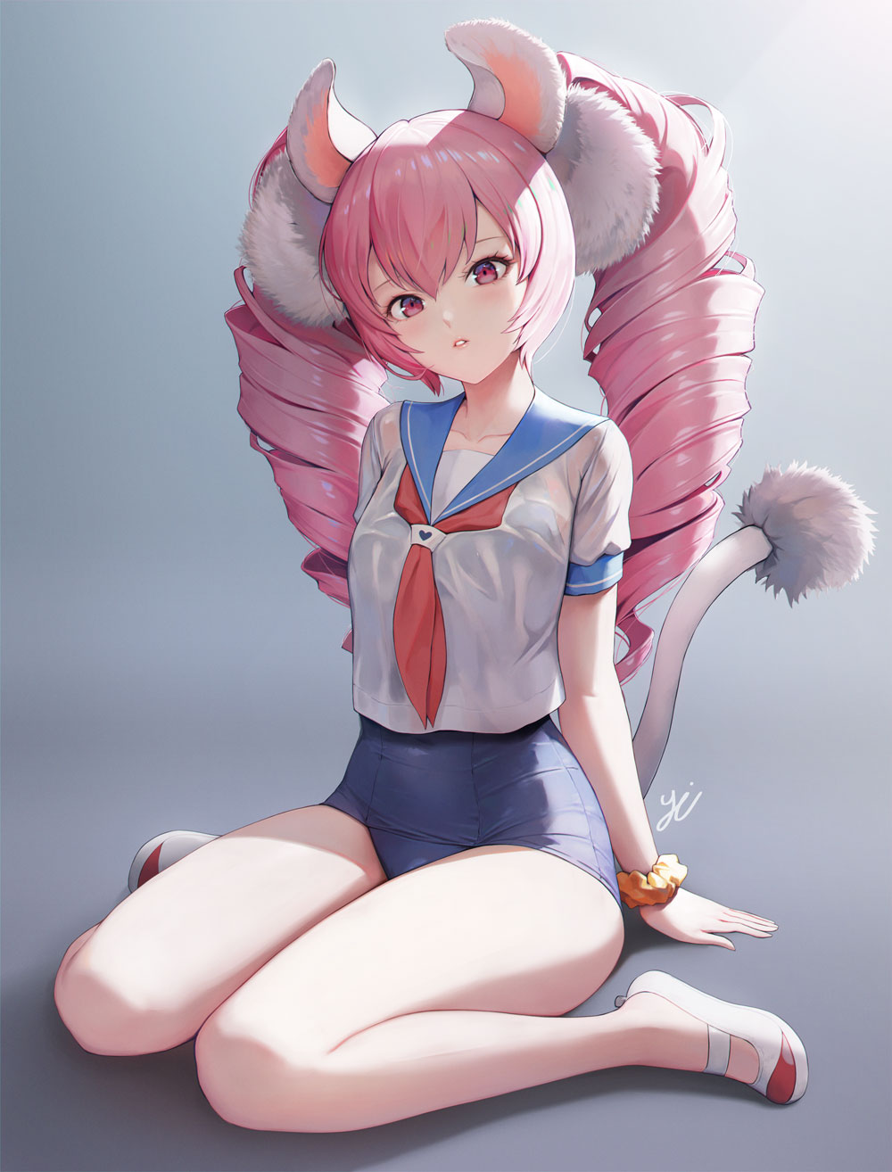 1girl, animal_ears, blue_one-piece_swimsuit, curly_hair, elin, gradient_background, grey_background, highres