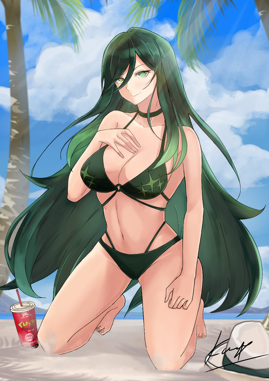 1girl, alchemy_stars, bare_arms, bare_legs, bare_shoulders, barefoot, beach, bikini