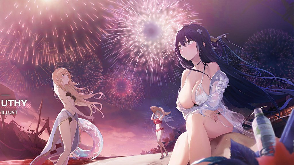 3girls, alternate_costume, antlers, artist_name, azur_lane, beach, bikini, breasts