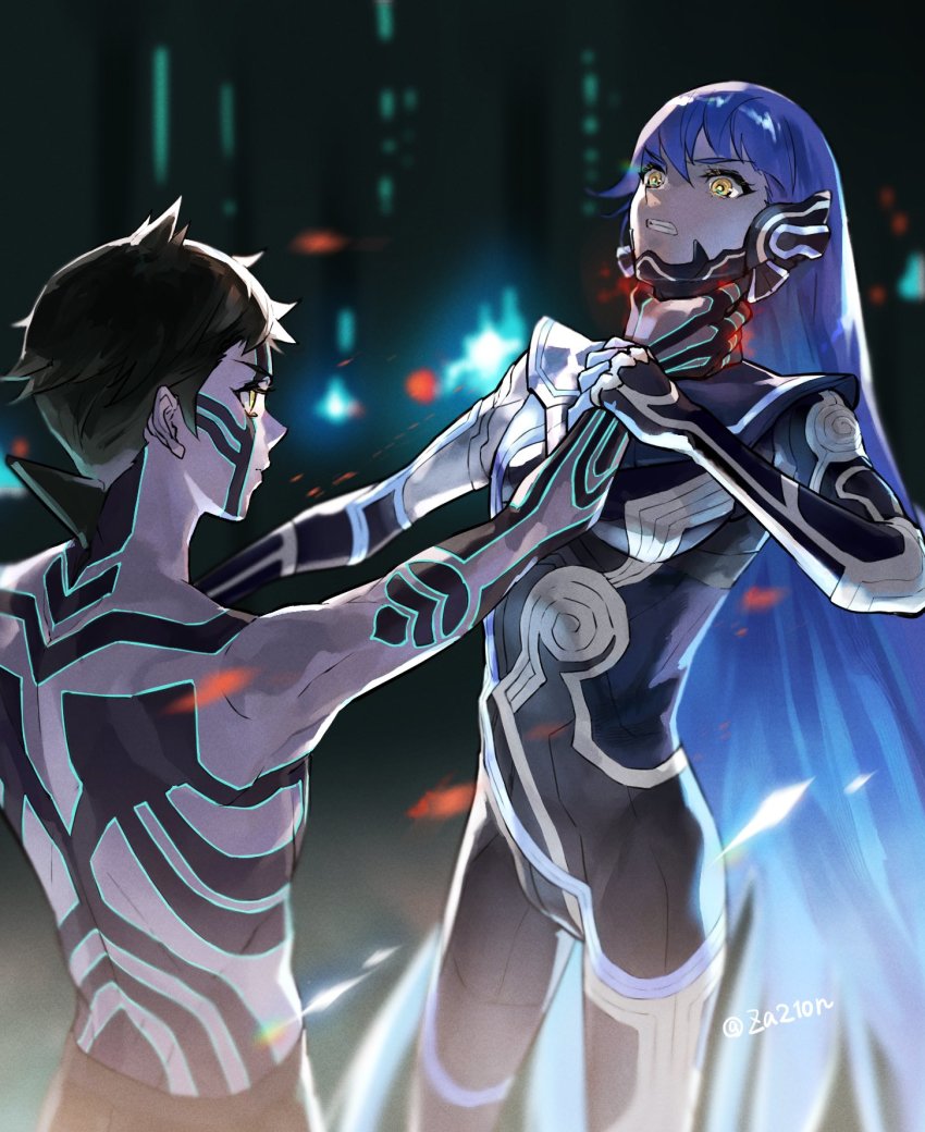 2boys, androgynous, armor, black_hair, bodysuit, brown_hair, crossover, demi-fiend