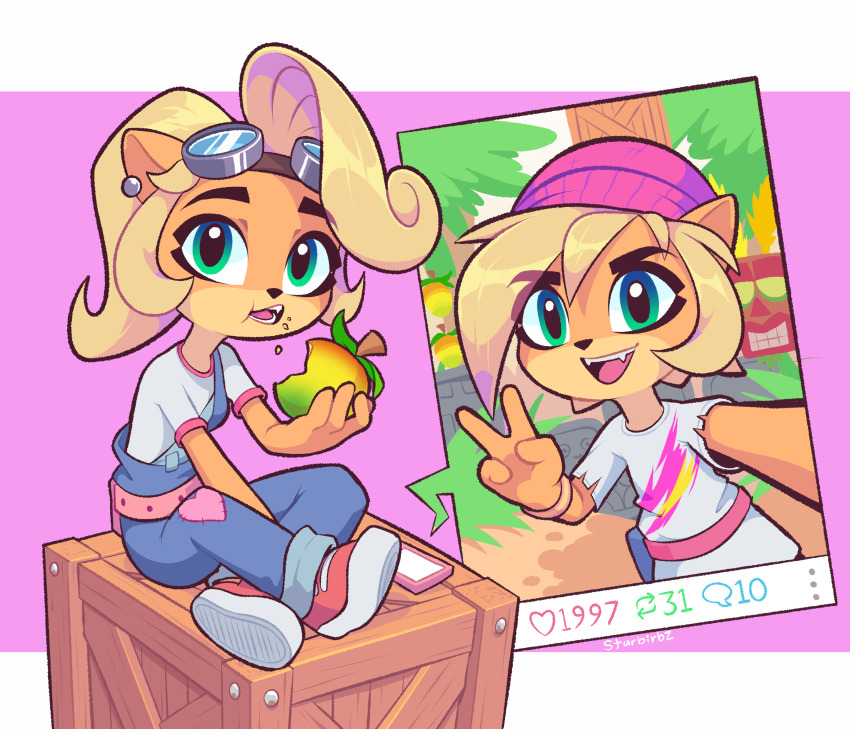 1girl, alternate_costume, apple, beanie, blonde_hair, blue_eyes, bracelet, coco_bandicoot
