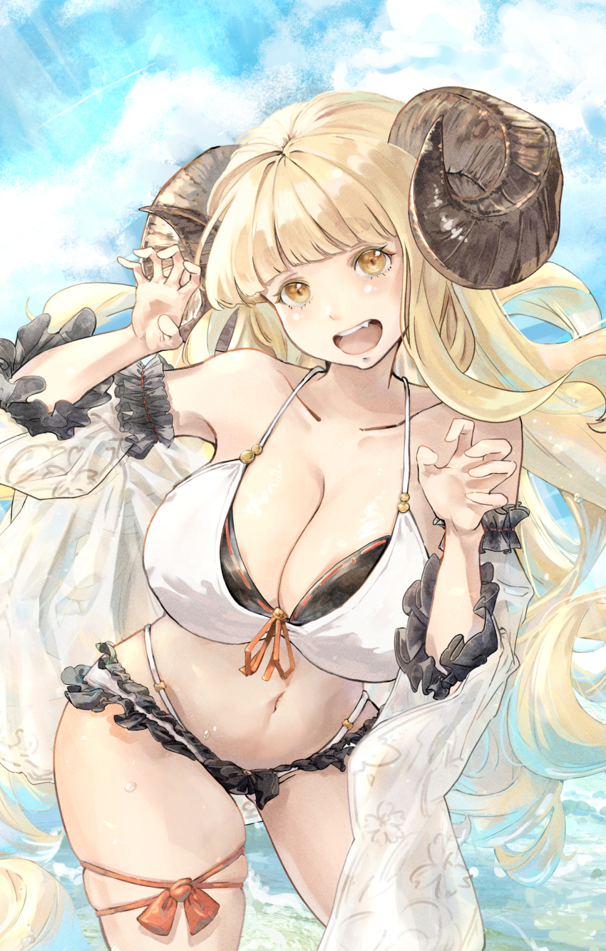 1girl, absurdres, anila_(granblue_fantasy), anila_(summer)_(granblue_fantasy), bikini, blonde_hair, blunt_bangs, blush