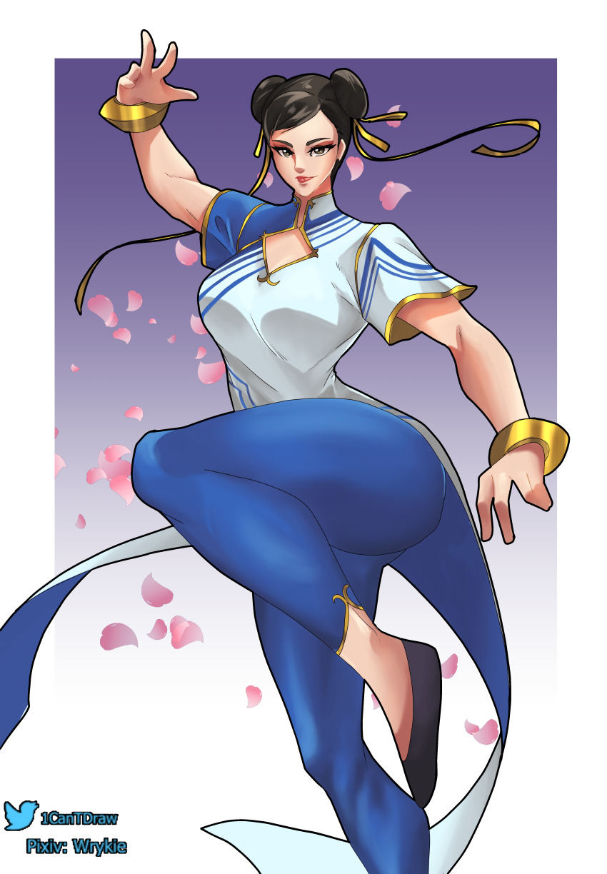 1girl, absurdres, black_footwear, black_hair, blue_pants, bracelet, breasts, brown_eyes, capcom, center_opening, china_dress, chinese_clothes, chun-li, commentary, double_bun, dress, english_commentary, eyeshadow, fighting_stance, flats, hair_bun, hair_ribbon, highres, jewelry, large_breasts, lips, makeup, pants, petals, pixiv_username, ribbon, richard_park, short_hair, short_sleeves, solo, standing, standing_on_one_leg, street_fighter, street_fighter_6, thick_thighs, thighs, tight_clothes, tight_pants, twitter_username, white_dress