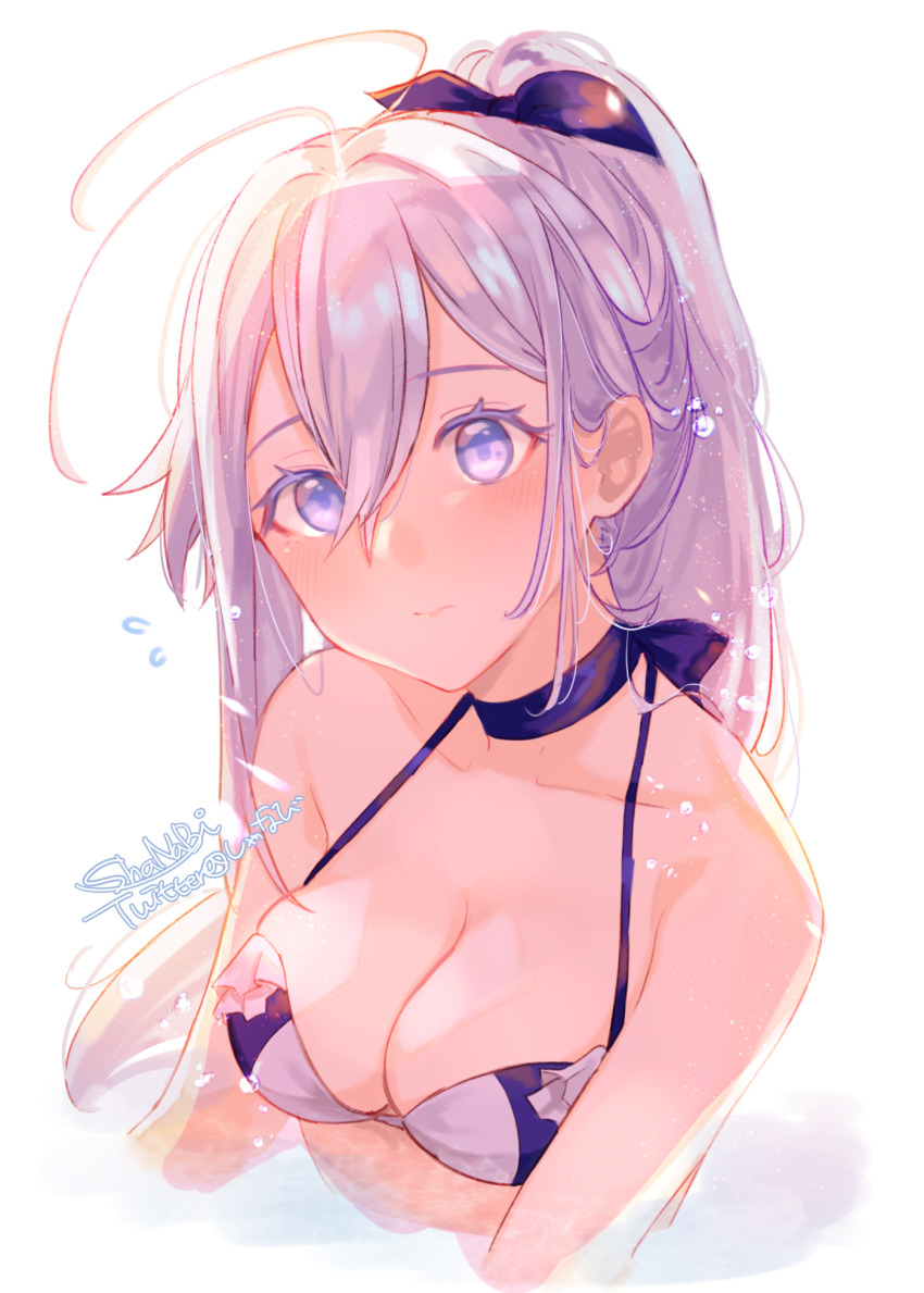 1girl, 86_-eightysix-, alternate_costume, alternate_hairstyle, artist_name, bikini, blush, breasts, cleavage, commentary_request, grey_eyes, hair_between_eyes, highres, long_hair, medium_breasts, ponytail, shanabi0610, signature, solo, swimsuit, vladilena_millize, white_background