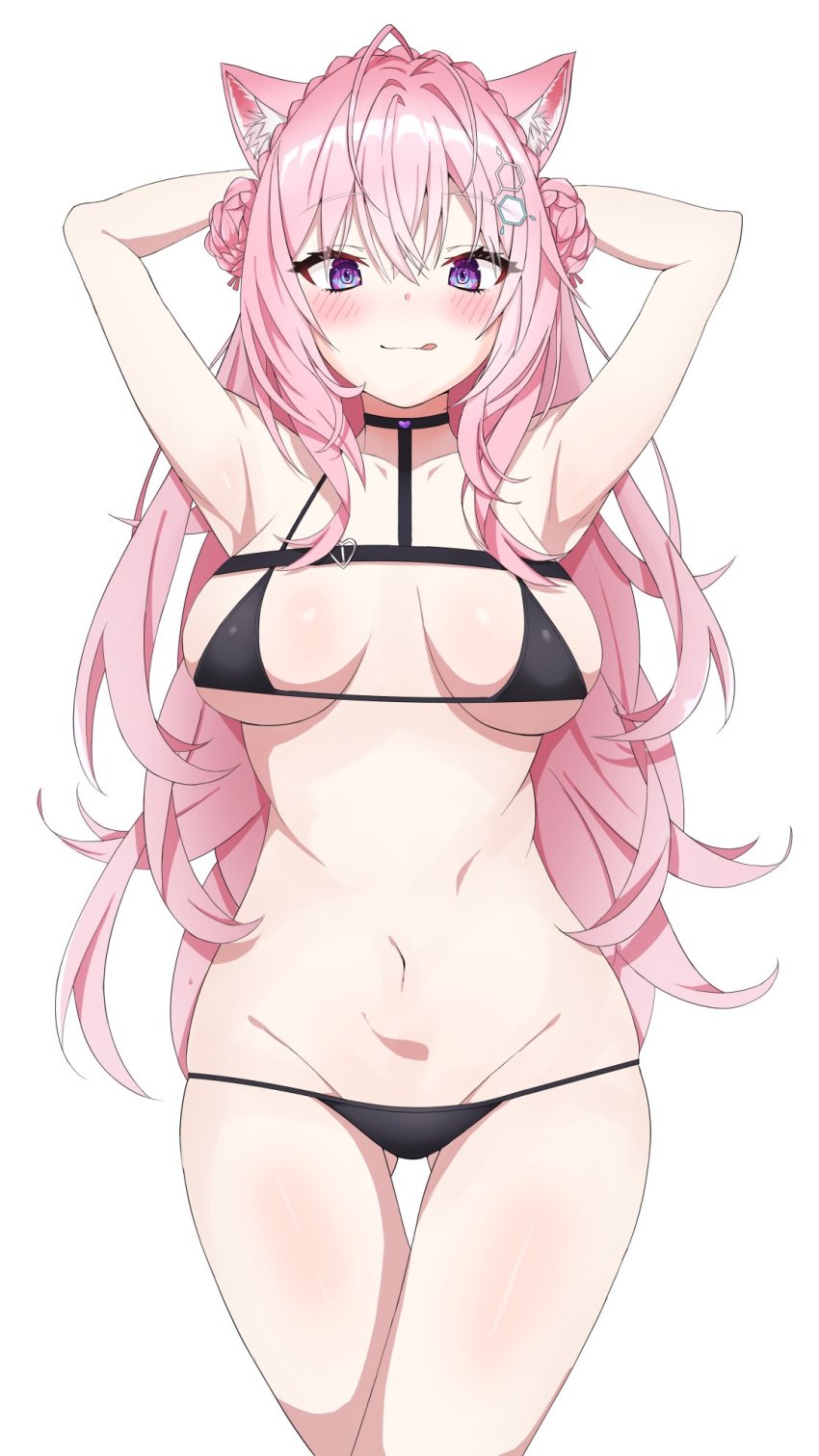 1girl, animal_ear_fluff, animal_ears, antenna_hair, armpits, arms_behind_head, bare_shoulders, bikini