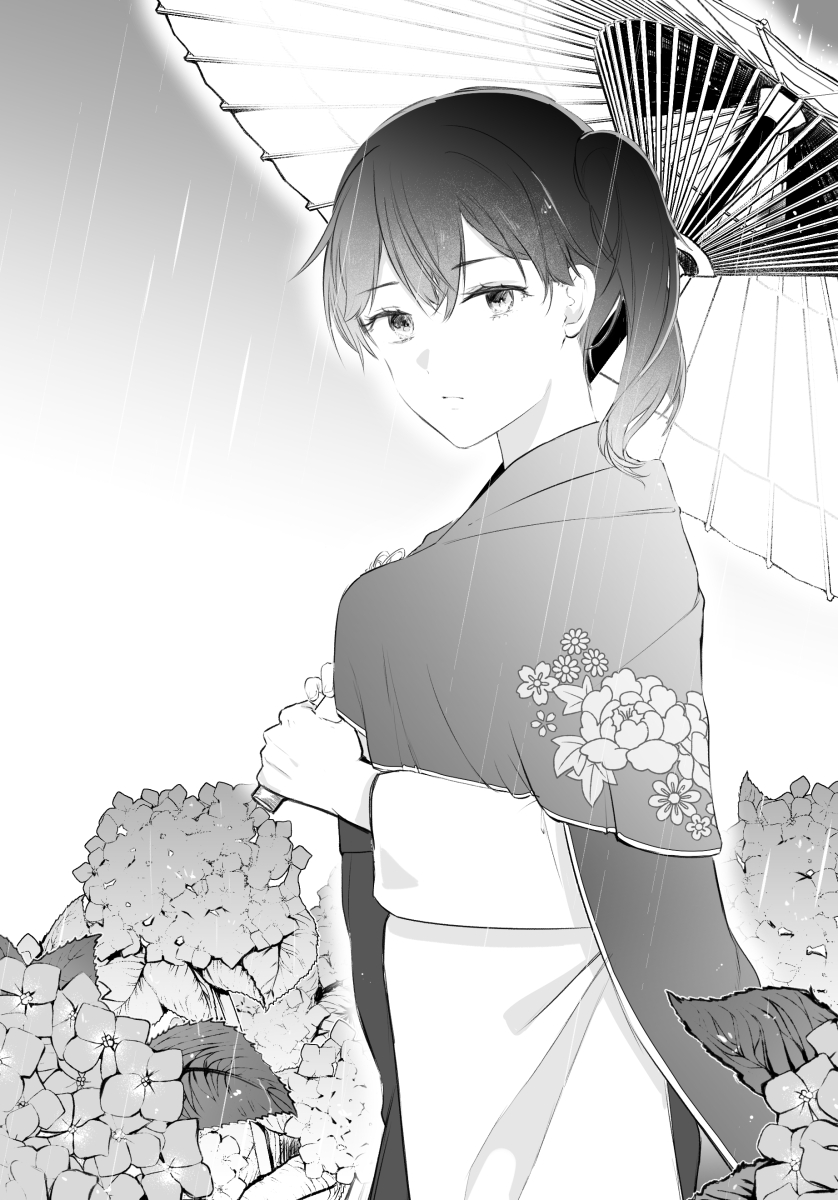 1girl, flower, greyscale, highres, japanese_clothes, kaga_(kancolle), kantai_collection, kimono