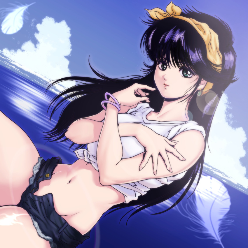 ayukawa_madoka, bare_shoulders, black_hair, bracelet, cloud, crossed_arms, earrings, falling_feathers