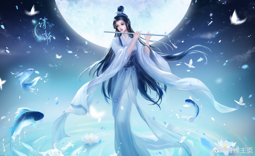 1girl, absurdres, black_hair, dress, falling_feathers, feathers, fish, flute