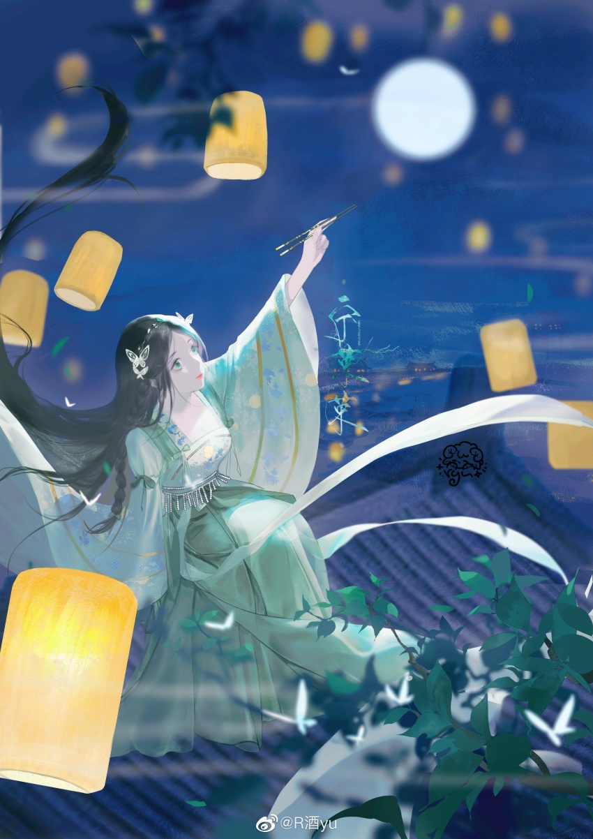 1girl, absurdres, branch, brown_hair, chopsticks, douluo_dalu, dress, green_dress