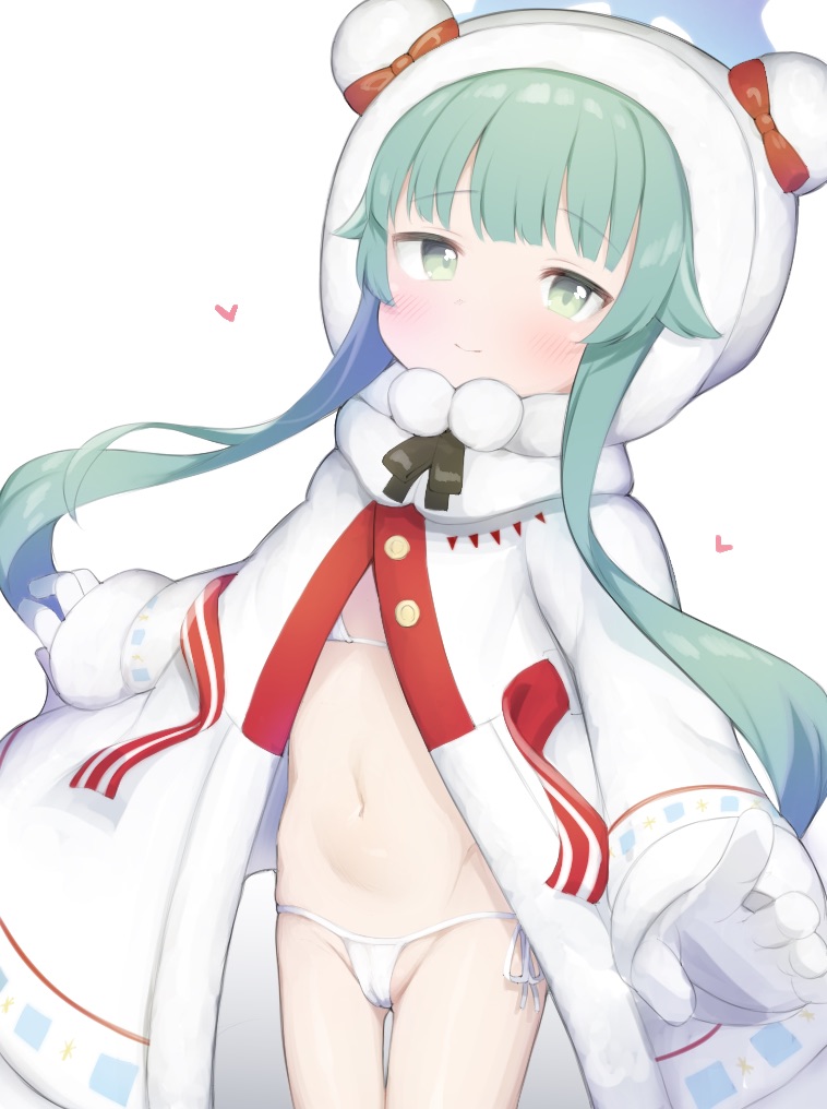 1girl, animal_ears, bikini, bikini_under_clothes, blue_archive, blush, bow, closed_mouth, coat, female_focus, fur_trim, gloves, green_eyes, green_hair, groin, halo, hat, heart, hood, hooded_coat, ikisugi_shokudou, loli, long_hair, long_sleeves, looking_at_viewer, lowleg, micro_bikini, momiji_(blue_archive), navel, open_clothes, open_coat, panties, red_bow, ribbon, sidelocks, simple_background, sleeves_past_fingers, sleeves_past_wrists, smile, solo, string_bikini, striped_bow, swimsuit, swimsuit_under_clothes, underwear, very_long_hair, white_background, white_bikini, white_gloves, white_hat, white_panties, winter_clothes