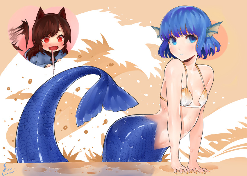 2girls, :d, absurdres, animal_ears, arm_support, bikini, blue_eyes, blue_hair