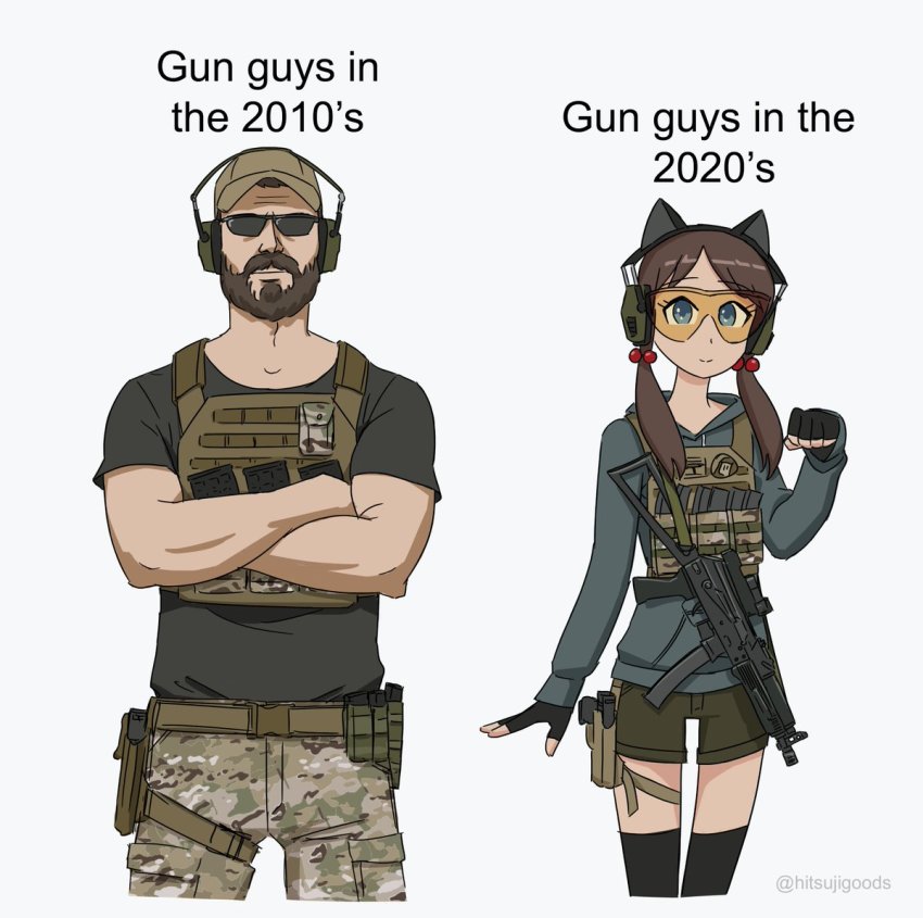 1boy, ammunition_pouch, animal_ears, beard, before_and_after, black_hair, black_legwear, black_shirt, brown_facial_hair, camouflage, cat_ears, cowboy_shot, cropped_legs, crossed_arms, ear_protection, english_text, facial_hair, fake_animal_ears, fingerless_gloves, glasses, gloves, gun, gun_sling, hat, hitsuji_(hitsujigoods), holster, holstered, original, paw_pose, personal_defense_weapon, pouch, pp-19-01_vityaz, safety_glasses, shirt, short_shorts, shorts, simple_background, submachine_gun, thighhighs, trap, twintails, twitter_username, weapon, weapon_request, white_background