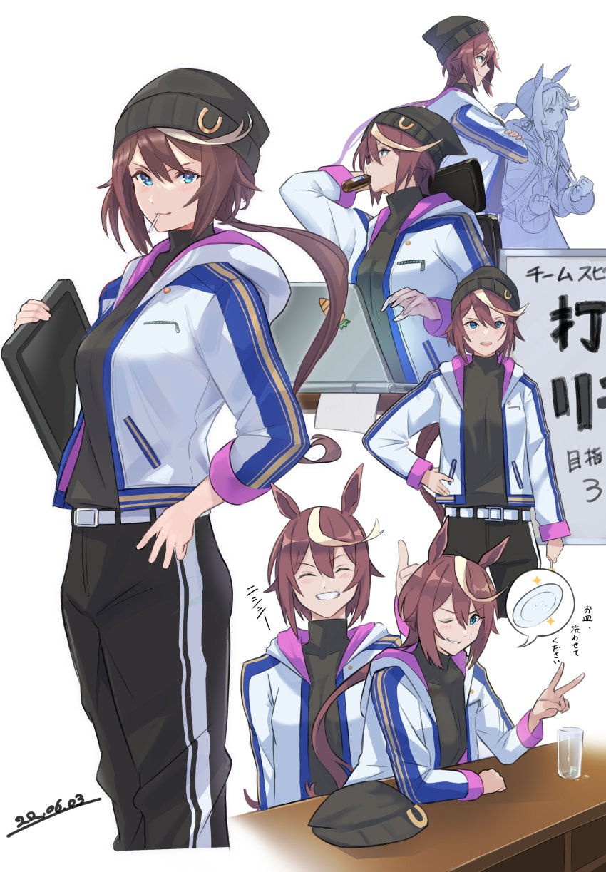 2girls, absurdres, aged_up, alternate_costume, animal_ears, beanie, blue_eyes, brown_hair, candy, clipboard, closed_eyes, computer, dated, extra, food, grin, hat, highres, horse_ears, horse_girl, horse_tail, horseshoe_ornament, jacket, laptop, lipovitan, lips, lollipop, long_hair, looking_at_viewer, low_ponytail, mouth_hold, multicolored_hair, multiple_girls, multiple_views, one_eye_closed, pants, ponytail, smile, smirk, solo_focus, spoken_object, streaked_hair, tablet_pc, tail, thumbs_up, tokai_teio_(umamusume), track_jacket, turtleneck, umamusume, v, whiteboard, yokoji_(kodai2015)