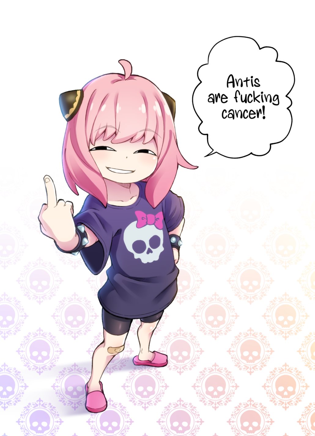 1girl, ahoge, alternate_costume, anya's_heh_face_(meme), anya_(spy_x_family), bandaid, bandaid_on_knee, bandaid_on_leg