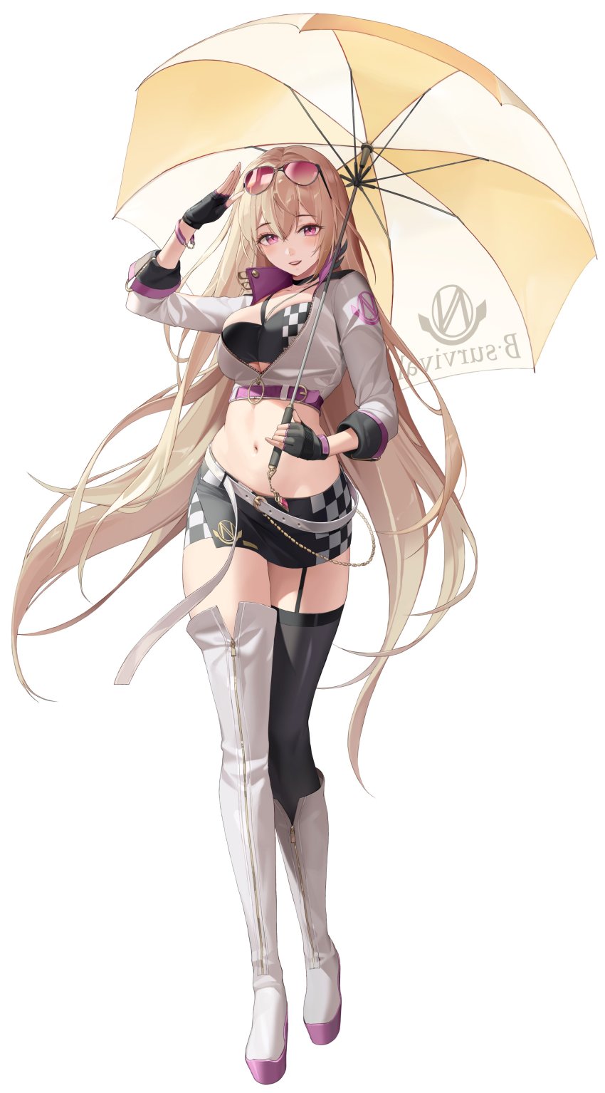 1girl, absurdres, arm_up, asymmetrical_footwear, belt, black_choker, black_gloves, black_skirt