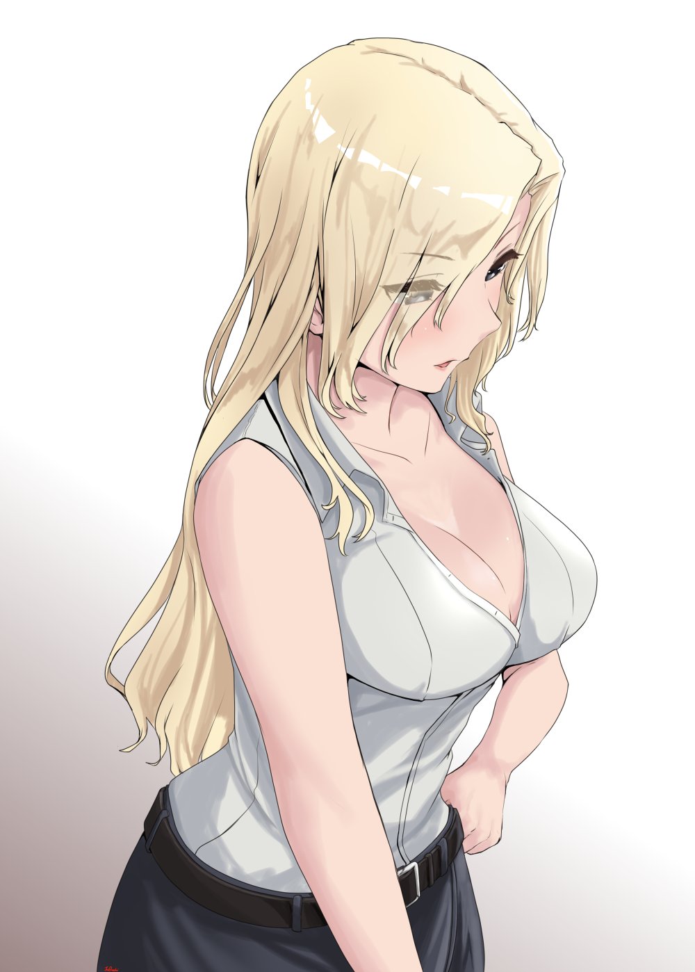 1girl, bare_shoulders, belt, black_belt, black_skirt, blonde_hair, breasts, cleavage